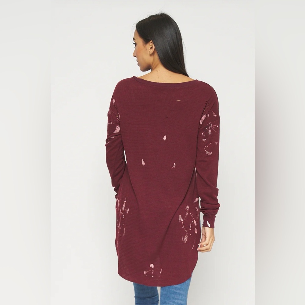 Long sleeve Destroyed Knit Top-Burgundy - Picture 3 of 9